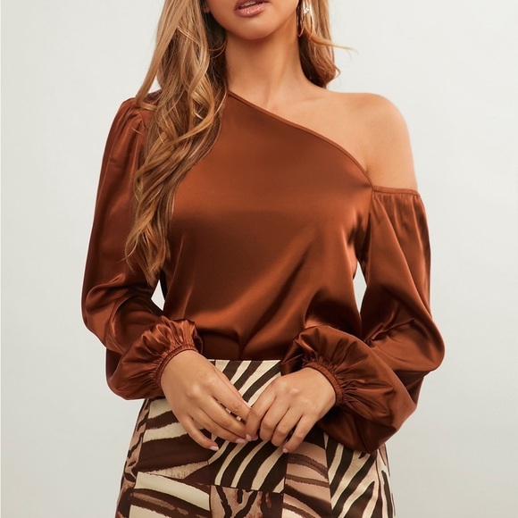 Satin off the shoulder long sleeve blouse black - Picture 3 of 5